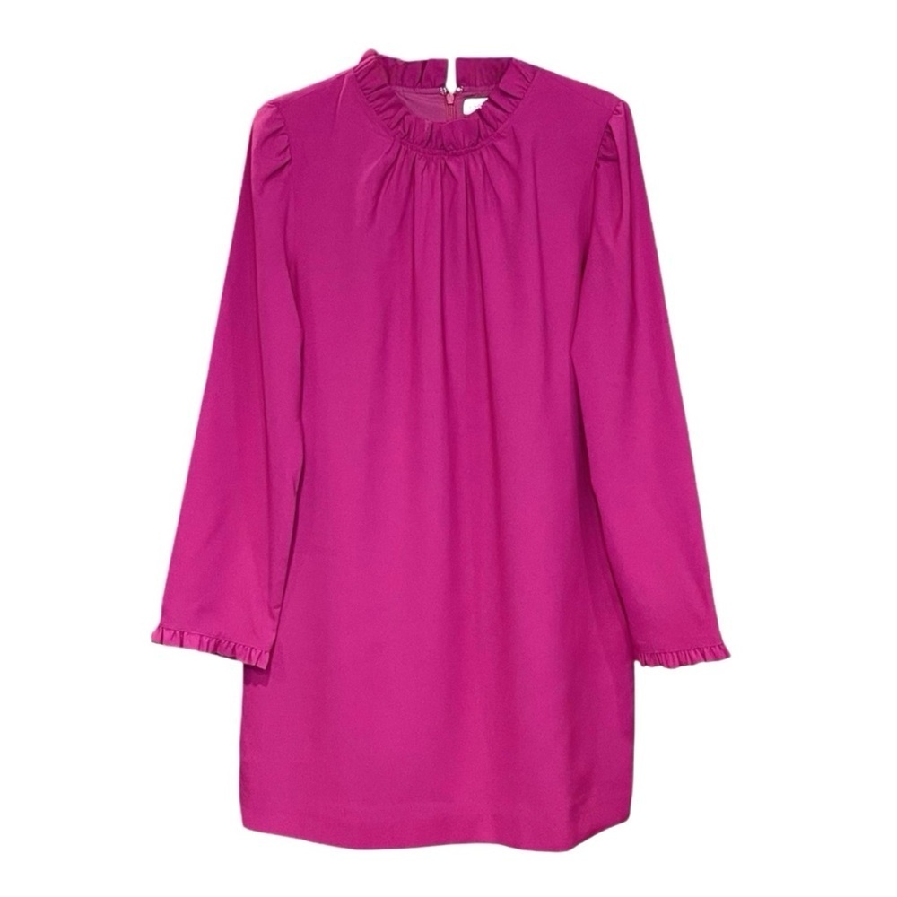 J. Crew Women’s Fuchsia Size 8 Short Shift Dress, Ruffle Accents, Long Sleeve - Picture 2 of 4